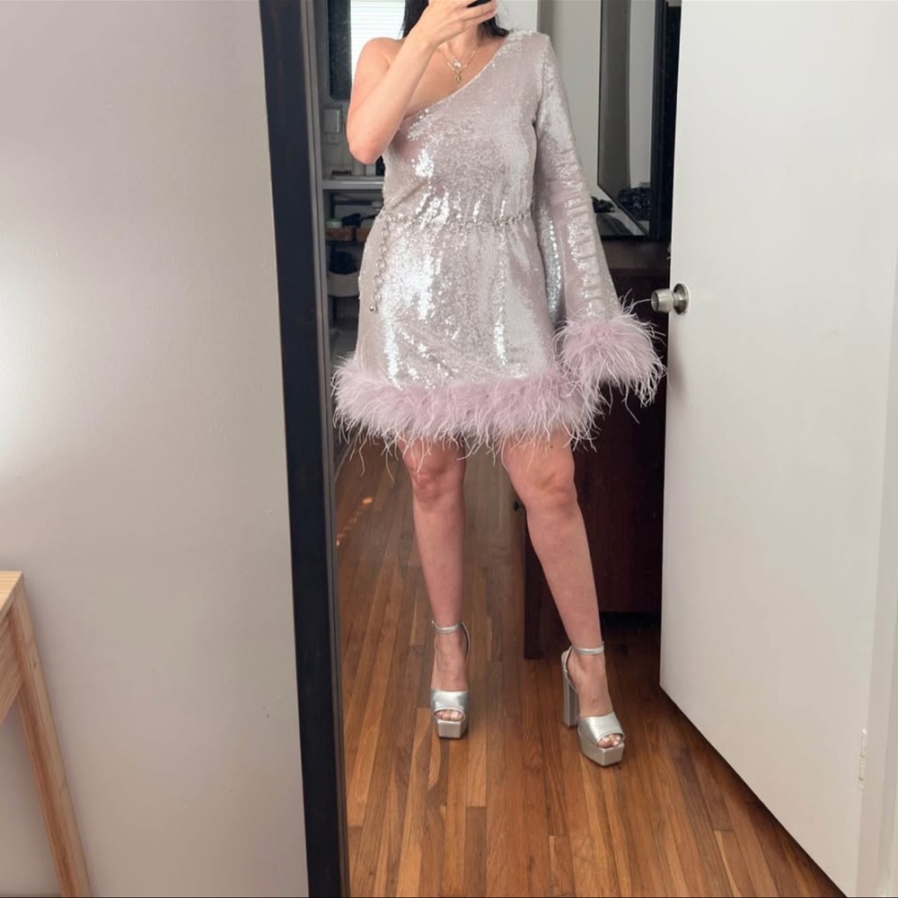 One Shoulder Silver Sequin Dress with Feather Trim